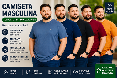 Camiseta Masculina Plus Algodão com Elastano